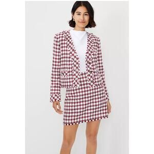 Ann Taylor Tweed Gingham Suit V-Neck Cropped Jacket Mini Skirt Sz 12/14 Burgundy